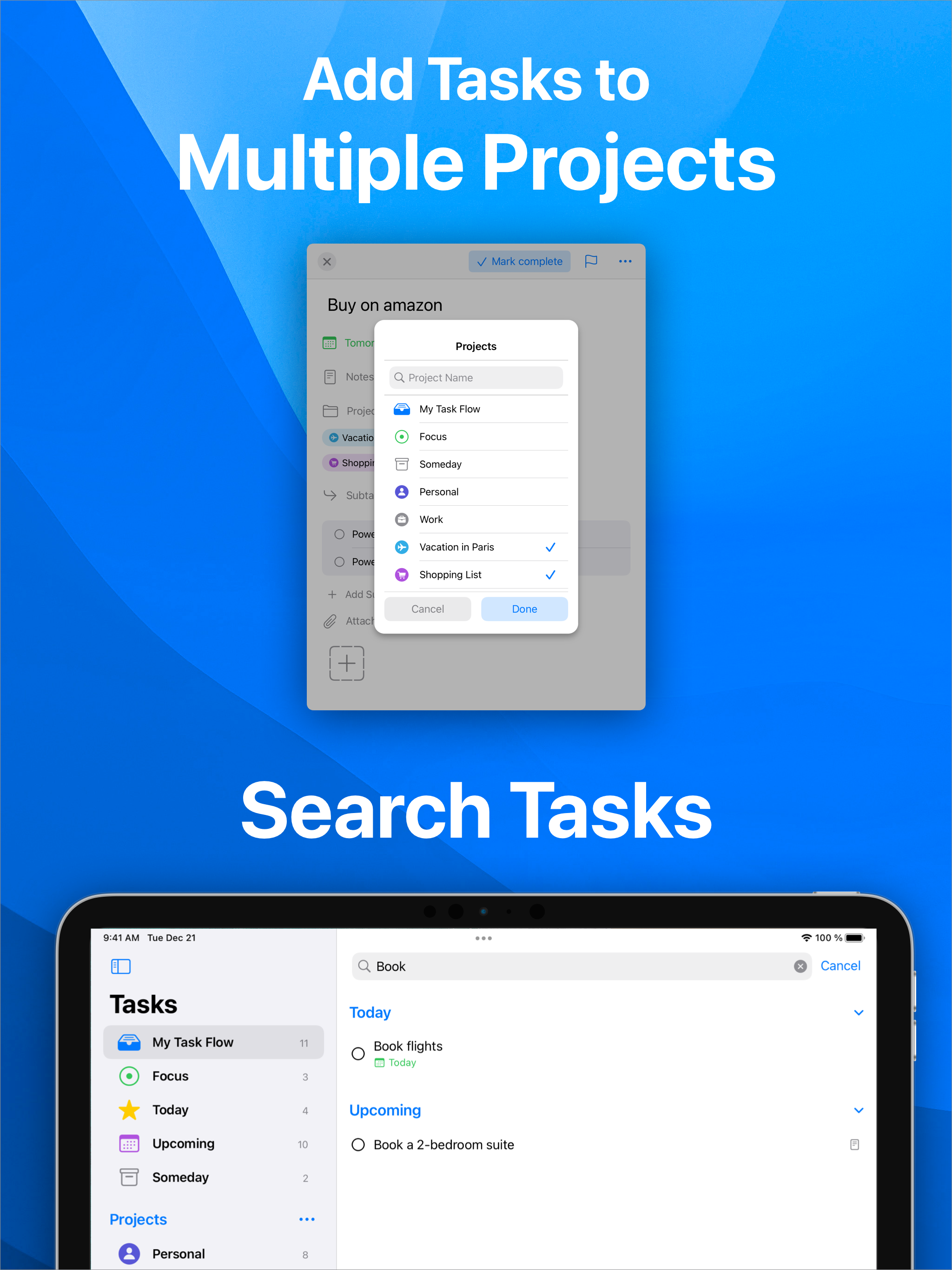 Multiple project tasks. Search.